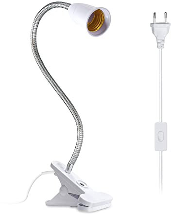 Portalampada E27 con Pinza, 360° Collo di Cigno Flessibile Portalampada, Lampada a Morsetto con Clip in Metallo Con Cavo 220CM e Interruttore, Lampada Clip per Lampada da Tavolo Scrivanie(Bianco)