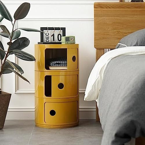 COZYMATIC Comodino rotondo a 3 ripiani con contenitore, tavolino in stile moderno, piccolo armadio con 3 cassetti per soggiorno, camera da letto, bagno, spazi ristretti, giallo, rosa (giallo)