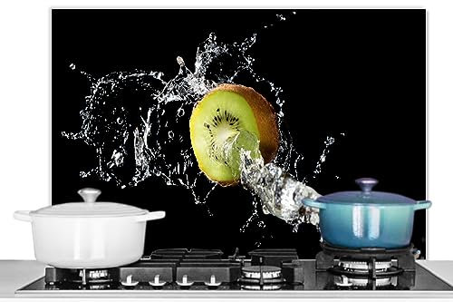 KitchenYeah© Paraschizzi Cucina Alluminio 90x60 cm Pannello Dietro Piano Cottura Fornelli a Gas Paraspruzzi Kiwi - Frutta - Natura Morta - Acqua - Nero