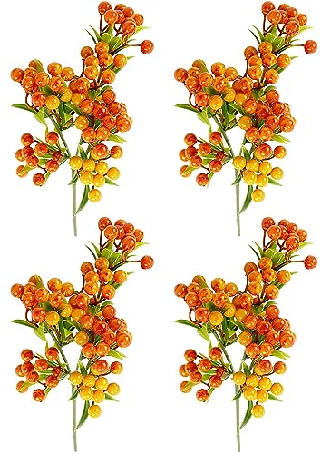 kemengsuer 4 Stück Beerenzweige für Vase, 34,9 cm Weihnachts-Stechpalmen-Beerenzweige, Künstliche Beerenstiele mit Grünen Blättern, Künstliche Beeren-Sprayspieße für Zuhause, Hochzeit