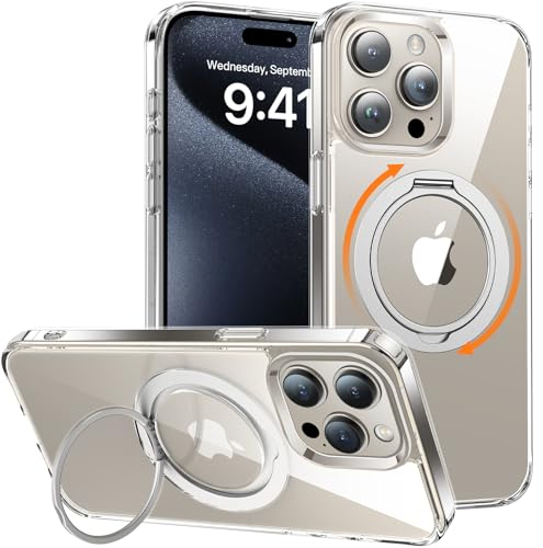 Meifigno 360° LoopStand Serie für iPhone 15 Pro Hülle mit Ständer, [MagSafe Kompatibel][Militärischer Schutz], Crystal Clear Metallring Handyhülle für iPhone 15 Pro 6,1 Zoll, Transparent