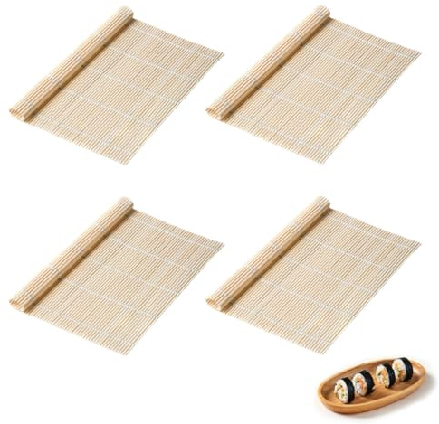 BZKSER Plateau à Sushi en Bambou - 4 pcs natte Sushi Bamboo Mat Sushi Natte Sushi en Bambou Lavable Fabrication Sushi Bambou Réutilisable pour Cuisine Fête Débutants Professionnels(24 * 24CM)