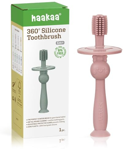 haakaa 360° Baby Zahnbürste mit Saugfuß - Sanfte Reinigung für Säuglings-Selbstbürstentraining, Lebensmittelechtes Silikon, Einstellbarer Sicherheitsschild - Blush (1 Stück)