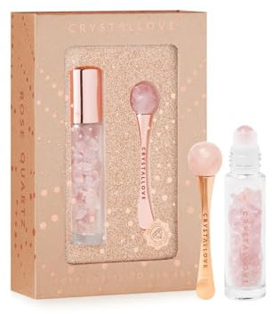 CRYSTALLOVE Massaggiatore per gli occhi con set roll-on - Quarzo rosa - Massaggiatore per il viso con cristalli d'olio, flacone d'olio 10 ml - Strumento per la cura del viso - Massaggiatore