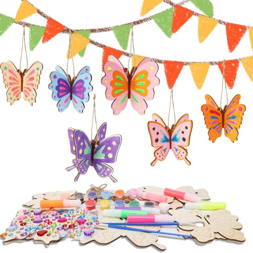 WEDNOK 6 Stück 3D Schmetterling zum Bemalen Nachtleuchtend Schmetterling Malset Holz Bastelset Kinder Leuchtet Im Dunkel Schmetterling Kreativsets für Mädchen Junge Kindergeburtstag