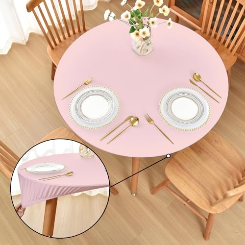 Amonsa Runde Tischdecke mit elastischem Rand: kein Vinyl, eng, dehnbarer Stoff, waschbar, Anti-Falten, Tischdecke für Outdoor, Party, Tischschutz, Rosa, 152,4 cm