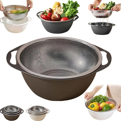 Multipurpose Double Layer Drainage Basket,Stainless Steel Drain Storage Baskets with Handle,Heat Guard Kitchen Drainage Basket, Multi Functional Strainer Bowl for Rice,Vegetable,Fruit Wash(gray)