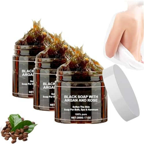 Black Soap With Argan and Rose - Morocco Beldi Exfoliating Body Scrub, African Bar, Natural for All Skin Types (3Pcs)