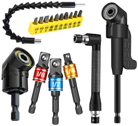 17pcs Flexible Drill Bit Extension, Include 3pcs Impact Socket Adapter 2pcs Hex Shank 105° Right Angle Drill Attachment 10 Short Screwdriver Bits Bendable Drill Bit Extension and 90° Angled Bits