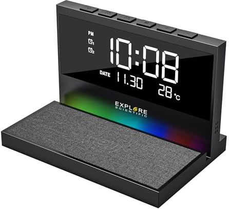 Explore Scientific orologio da scrivania senza fili con ricarica wireless | Da tavolo o comodino, con indicatore data, temperatura e ricarica rapida fino a 15W per smartphone