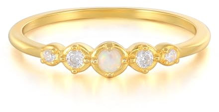 Whoiy Verlobungsring Damen Gelbgold 375 mit Opal Halbe Ewigkeit, Hochzeit Ringe 9K Echt Gold Schlicht Moissanit Bandring für Frauen Gr. 56 (17.8)