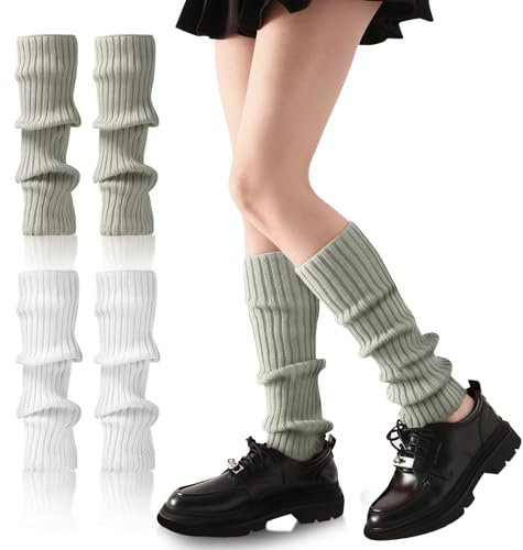 YUWJOOWEE 2Paar Beinwärmer für Damen, Modische Strick-Beinwärmer-Socken im 80er, 90er Jahre-Stil Stulpen für Damen, Stulpen Schwarz Beinwärmer für Partys, Ballett, Tanzen und Sport (Weiß, Graugrün)