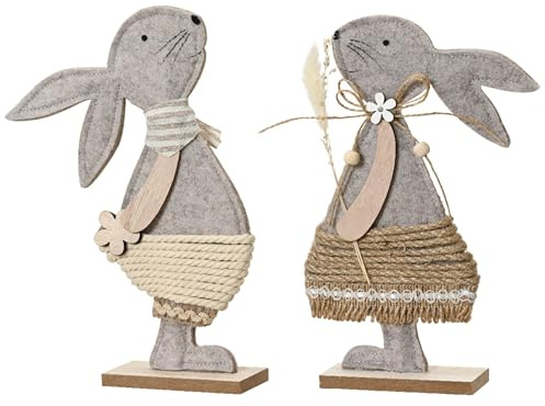 KSD Dekofiguren Hase & Häsin 26cm Filz 2er Set - Dekohasen für Ostern Frühling - Osterhasen als Osterdeko Osterschmuck - Osterfiguren Ostergeschenk - Frühlingsdeko Tischdeko - Grau Braun