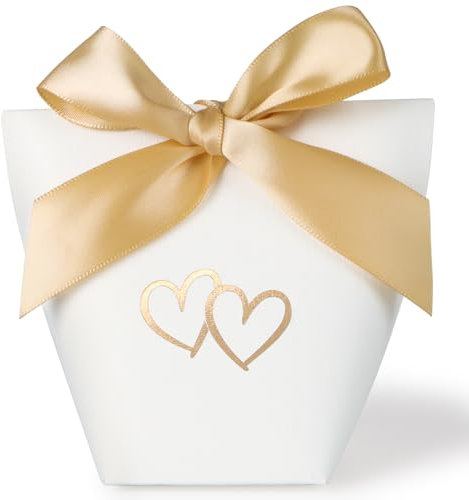 BETESSIN Gastgeschenke Hochzeit - 25 Stück Weiße Gastgeschenkboxen mit Herzmotiv & Champagner Schleife - Kleine Geschenkbox für Hochzeit, Taufe, Geburtstag & Feierlichkeiten - 6x6x10cm