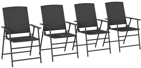 Outsunny Folding Garden Chairs Set of 4, PE Rattan Garden Dining Chairs with Armrests, High Back and Steel Frame, Weather Resistant Outdoor Dining Furniture for Patio, Balcony, Black