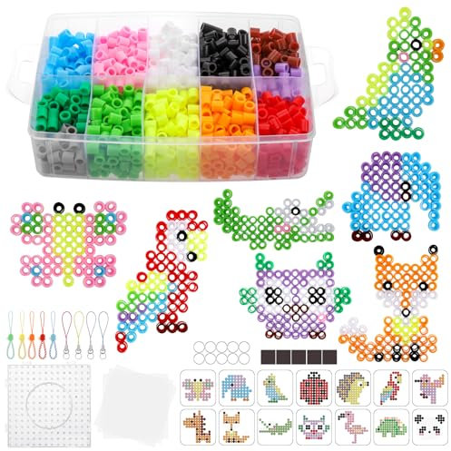 Zocipro 1300Pcs 10mm Fuse Beads Kit, 12 Colors Large Iron-on Beads Craft Kit, 14 Animal Patterns, Ironing Paper with Pegboard, Lanyards, Kids DIY Art Craft Toys Gifts