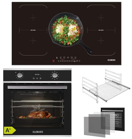 KB ELEMENTS Autarkes Herdset | 60cm Einbaubackofen 70 Liter | Induktionskochfeld 5 Zonen | 9-Funktionen | 3-fach Wärmeschutzverglasung | Rotisserie-Funktion | EEK A+ (Schwarz-Silber, 90CM)