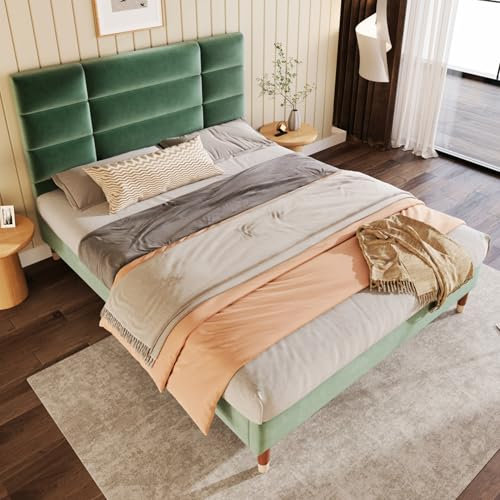 Polsterbett mit Lattenrost – Samt Bettgestell – Modernes Doppelbett mit gestepptem Kopfteil – Inkl. Stauraum unter dem Bett – Stabiler Holzlattenrost–Für Erwachsene (Grün Ohne Matratze,140x200cm)
