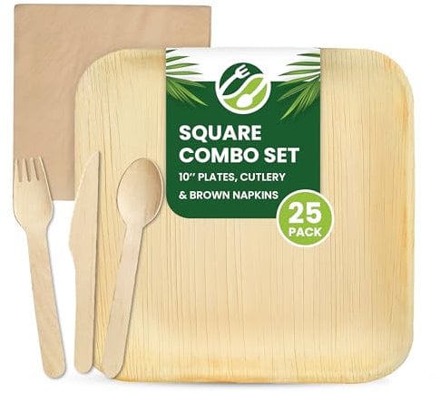 Eco Leaf 125pcs Disposable Palm Leaf Plates, Wooden Cutlery Set, Brown Napkins – 25 Large Square Plates, 25 Forks, Knives and Spoons, 25 Napkins – Eco-Friendly, Suitable for Wedding, Parties