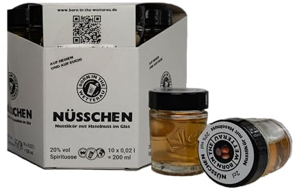 BitW Nusslikör mit Haselnuss im Glas – 2cl – 20% Vol. – Mini Likör Shot – Trinkfertig – Geschenkidee – Born in the Wetterau (10x)