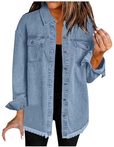 WILLBEST Women's Oversized Denim Jacket Button Down Casual Long Frayed Hem Shacket Coats Sleeve Boyfriend Jean Jackets Washed Shirt Womens Front Shirts