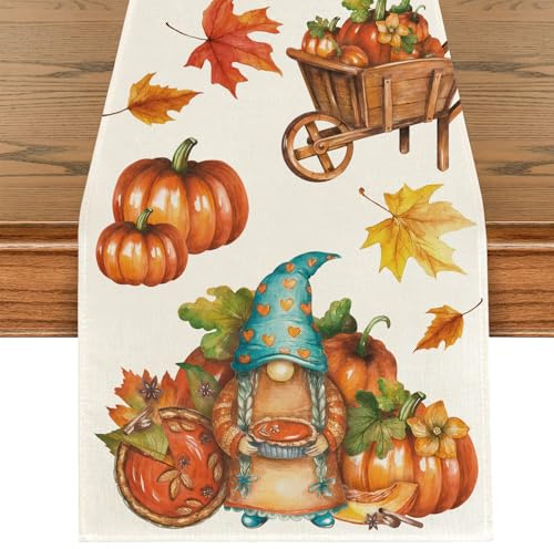 Herbst Kürbis Ahornblätter Tischläufer, Herbstlicher Läufer, Herbstlaub Tischdeko Herbst Tischdecke Küche Tisch Dekoration Drinnen Urlaub Party Herbstdeko für Thanksgiving Erntedankfest 40x180cm