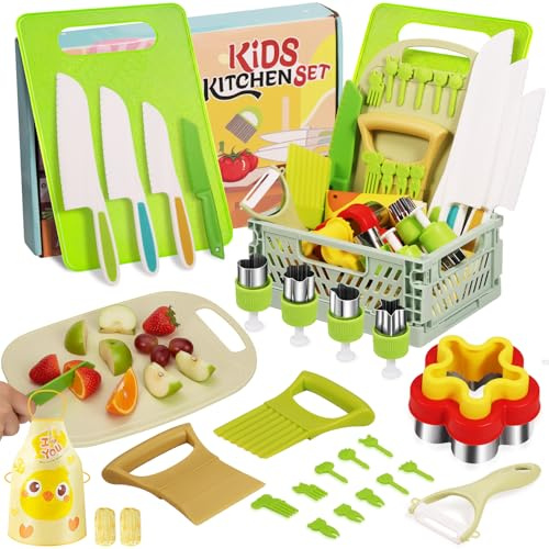 COKWEL Kindermesser 28-teiliges, Kinder Küchenmesser für Echtes Kochen mit Faltbarer Aufbewahrungsbox, Fruchtstäbchen, Sparschäler, Schneidebrett, Wellenschneider, Kindermesser ab 3 Jahre