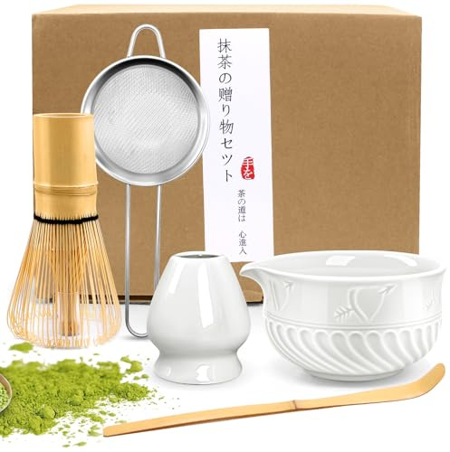 EOPUOZS Matcha-Set, 5-teilig, japanisches Premium-Teeset, Matcha-Set mit Matcha-Schneebesen, Matcha-Löffel aus Keramik, für Teeliebhaber (weiß)