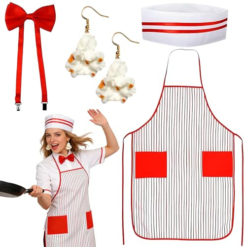 TaimeiMao Popcorn Kostüm,50er Jahre Erwachsene Kellner Kellnerin Kostüm Kochmütze Popcorn-Ohrringe Fliege Gestreifte Schürze mit Taschen für Fasching Karneval Tanz Mottoparty Geburtstag.
