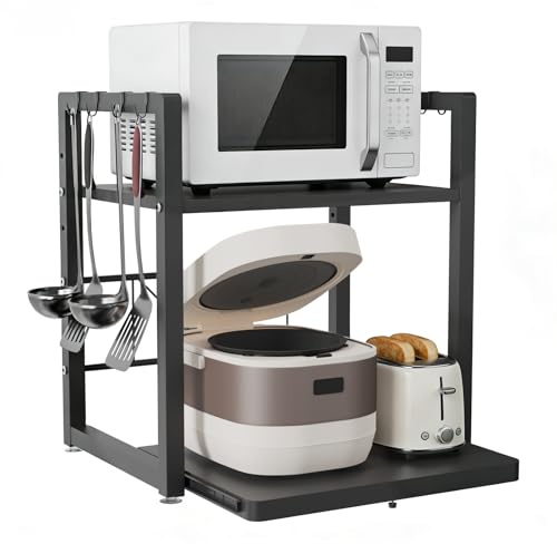 HMAKGG Mikrowellenregal mit Schublade 2 Stufen Küchenregal Stahl Schwarz | Stabiler Stahlrahmen, Mikrowellenregal mit Schublade, Platzsparend für Küchenarbeitsplatte, Einfache Montage, 53x40x59cm