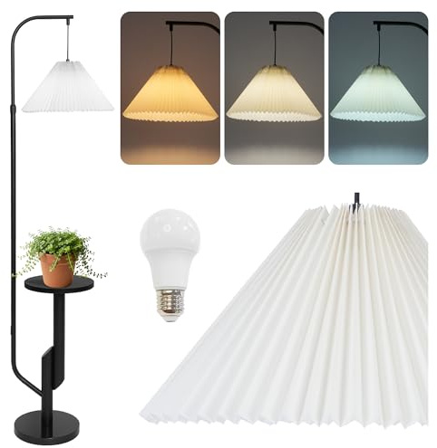LuminexDesigns Stehlampe Wohnzimmer Modern E27 mit Ablage Weiß Lampenschirm | 175cm Skandinavische Stehleuchte, 3 Farbtemperaturen einstellbar per Fußschalter, für Schlafzimmer Ecke WOVI FL15