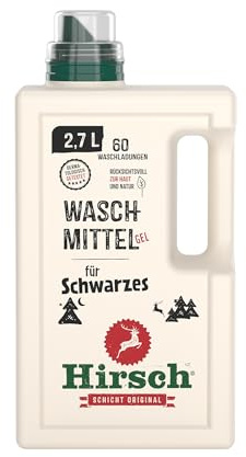 Hirsch Waschmittel Gel für Schwarzes 2,7 L – Flüssigwaschmittel mit Kernseife – Farbschutz für dunkle Textilien – mit Duft – 60 Waschgänge