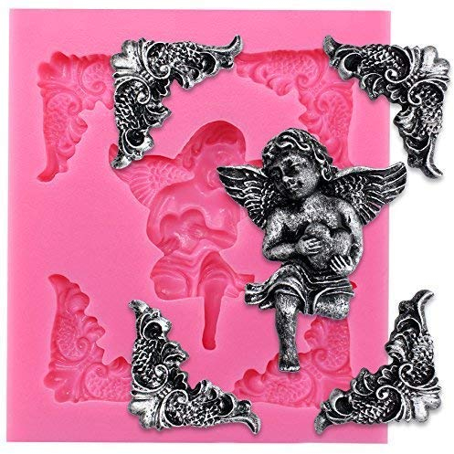 Musykrafties Angelic Cherub Hold Heart with Frame Corner Fondant Silicone Mould for Sugarcraft, Cake Decoration, Cupcake Topper, Chocolate, Cookie Decor, Jewelry, Polymer Clay, Crafting Projects
