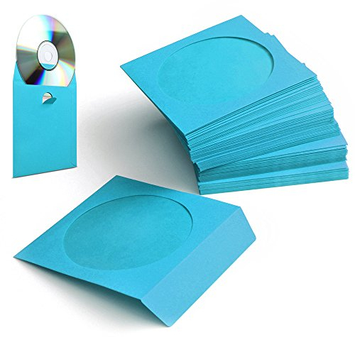 Flexzion CD Hüllen aus Papier, CD Papierhüllen mit Fenster - 100 Stück, Dicke Hülle für CD & DVD, Medienaufbewahrung, CD Schutzhüllen mit Lasche & Folienfenster, Farbe auf der Innen-/Außenseite, Blau
