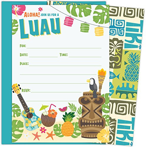 Luau Einladungskarten mit Aqua Blue Umschlägen für Geburtstag, Brautparty, Babyparty, Sommerparty, Rehearsal Dinner, Junggesellenabschied Einladungskarten zum Einfüllen mit Umschlägen, 25 Stück