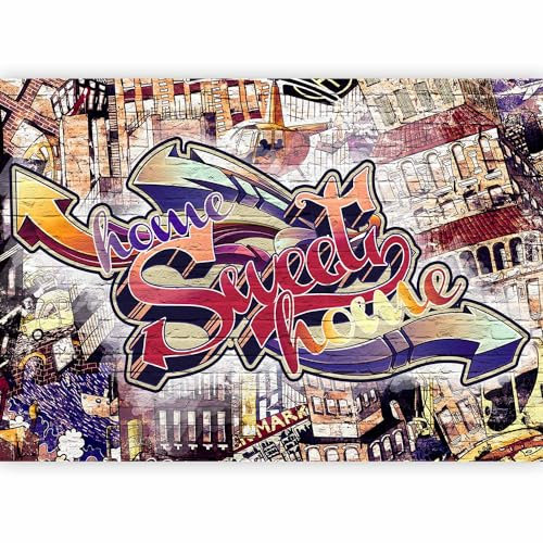 murando - Papier peint panoramique créatif 350x256 cm - Revêtement décoration salon - Architecture, brique, graffiti, fresque colorée, inscriptions en anglais, texture, adolescent m-A-0735-a-a