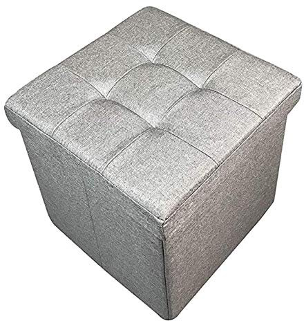 HomeHarmony® Quilted Top Folding Storage Ottoman Seat, Stool, Toy Storage Box Linen Look (Grey, Medium)