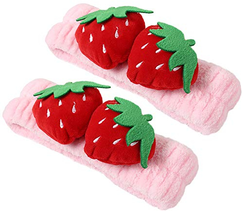 2 Stück süße Erdbeer-Stirnbänder, weich, zum Waschen, für Gesicht, Make-up, Haarbänder, elastisch, für Spa, Dusche, Yoga, Sport, Headwraps für Frauen und Mädchen