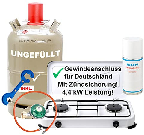 Campingkocher Gaskocher 2-flammig mit Zündsicherung mit Gasschlauch 100cm Gasregler 50mbar Propan Gasflasche 11 kg ungefüllt-leer inkl. 2 in 1 Gasreglerschlüssel mit Magnet