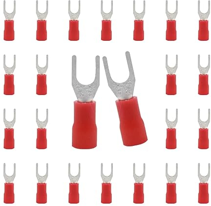 CEEYSEE 100 Pezzi Forcella Capocorda Elettrico Terminale Connettori Elettrici Diametro Foro M4 Crimpare Connettori – Per Cavi Da 0,5 – 1,5 mm² (Rosso/YPFH)