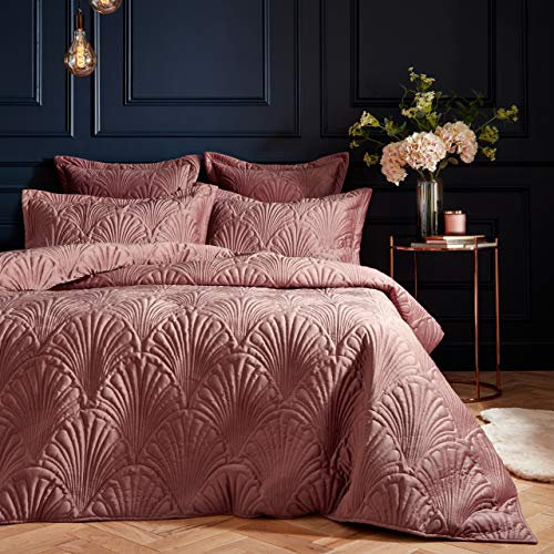 Paoletti Palmeria Quilted Duvet Cover Set – Luxe Embroidered Velvet Bedding (Blush – Double)