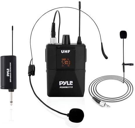 UHF Wireless Microphone System Kit - Portable Professional Cordless Microphone Set Wireless Mic Kit w/Headset Mic, Lavalier Mic, Beltpack Transmitter, Receiver - Karaoke & Conference - Pyle PDWMU112