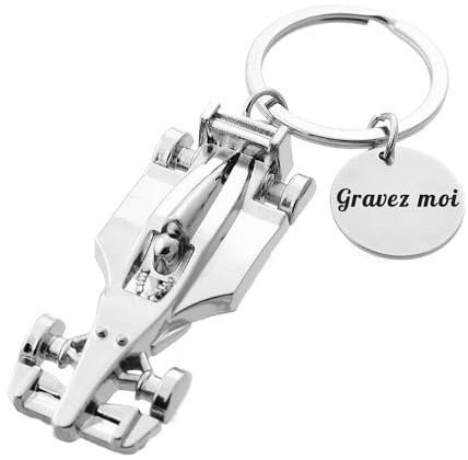 Porte-clés Voiture De Course Formule 1 Argenté Gravure Personnalisée Sur Médaille