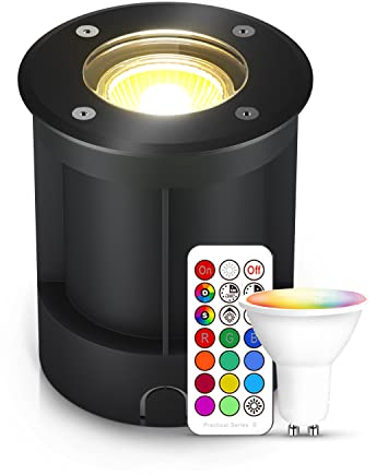 lambado® LED Bodenstrahler für Außen mit RGB Farbwechsel dimmbar inkl. Fernbedienung - Schwarz runde Bodenleuchte/Bodeneinbaustrahler IP67 - Wasserdicht & Befahrbar