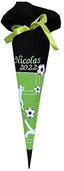 Glückspilz Schultüte mit Namen personalisiert, Fussball, Zuckertüte aus Stoff genäht, mit Rohling und Kissen, Schwarz Grün