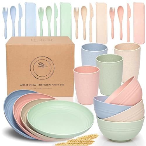 HOMGEN Plastic Plates and Bowls Set - Unbreakable Tableware Set for 4 Childrens Dinnerware Set Lightweight Plates and Cutlery Set Kids Plastic Dinner Set for Home Camping Pinic etc