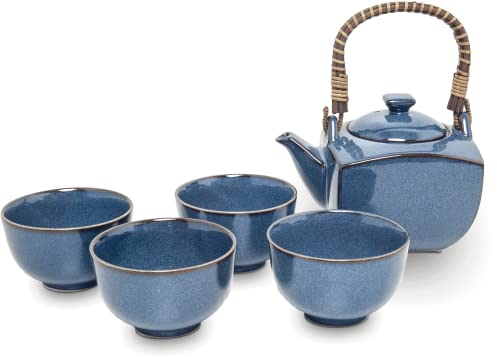 Juego de té japonés para ceremonia de té, tetera y tazas, set de regalo elegante japonés, color azul