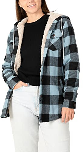 ZENTHACE Flanelljacke für Damen, Sherpa-Futter, kariert, Knopfleiste, Kapuze, Flanellhemd, Jacke, warme Jacke (Sherpa-Futter), Buffalo Ice Blue, M