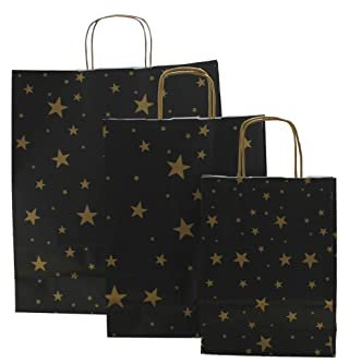 Papiertragetaschen Weihnachten mit Kordel schwarz Sterne gold (18 + 7 x 24 cm, 10 Stück)