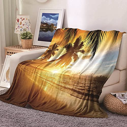 Blanket Throw, Fleecedecke 150x200 Blau Flanell Weiß-Orange Kuscheldecke Sonnenuntergang Am Meer Flanelldecke Wohndecke Sofa Bett Geschenk